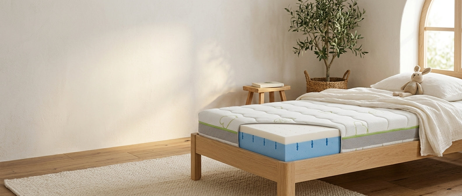 Schlafzimmer mit einer Matratze von calmapur, frühes Morgenlicht